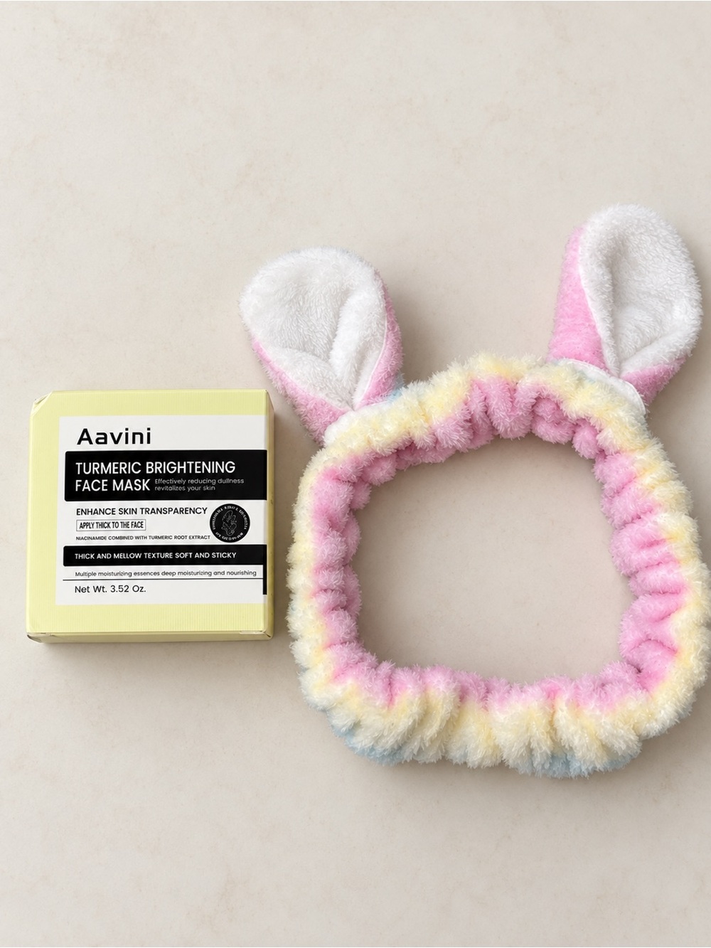 Aavini Turmeric Face Mask & Pastel Cat Ear Spa Headband Set NWT